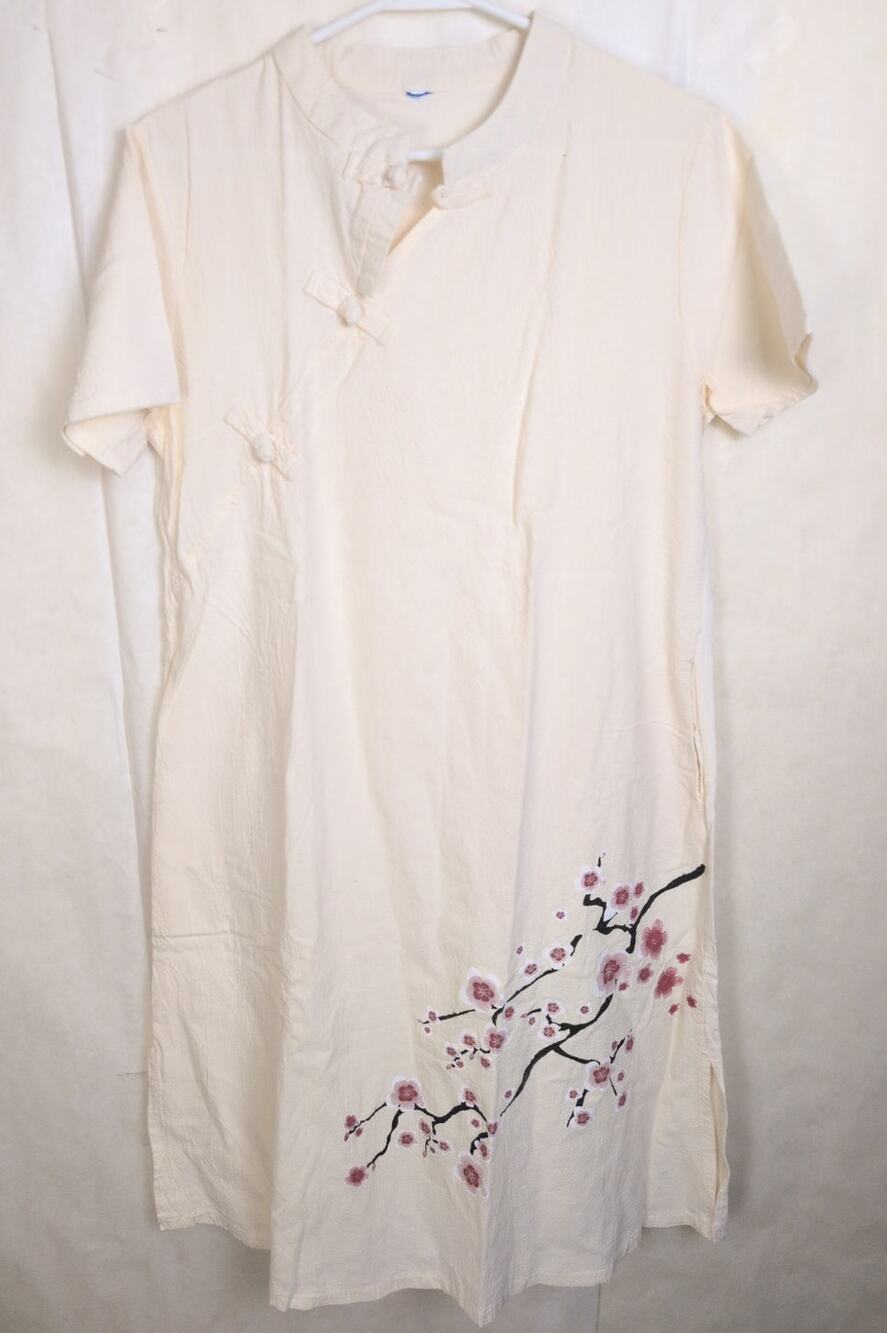 Qipao Cherry Blossom floral mandarin collar frog button ivory dress Lrg Mori Kei